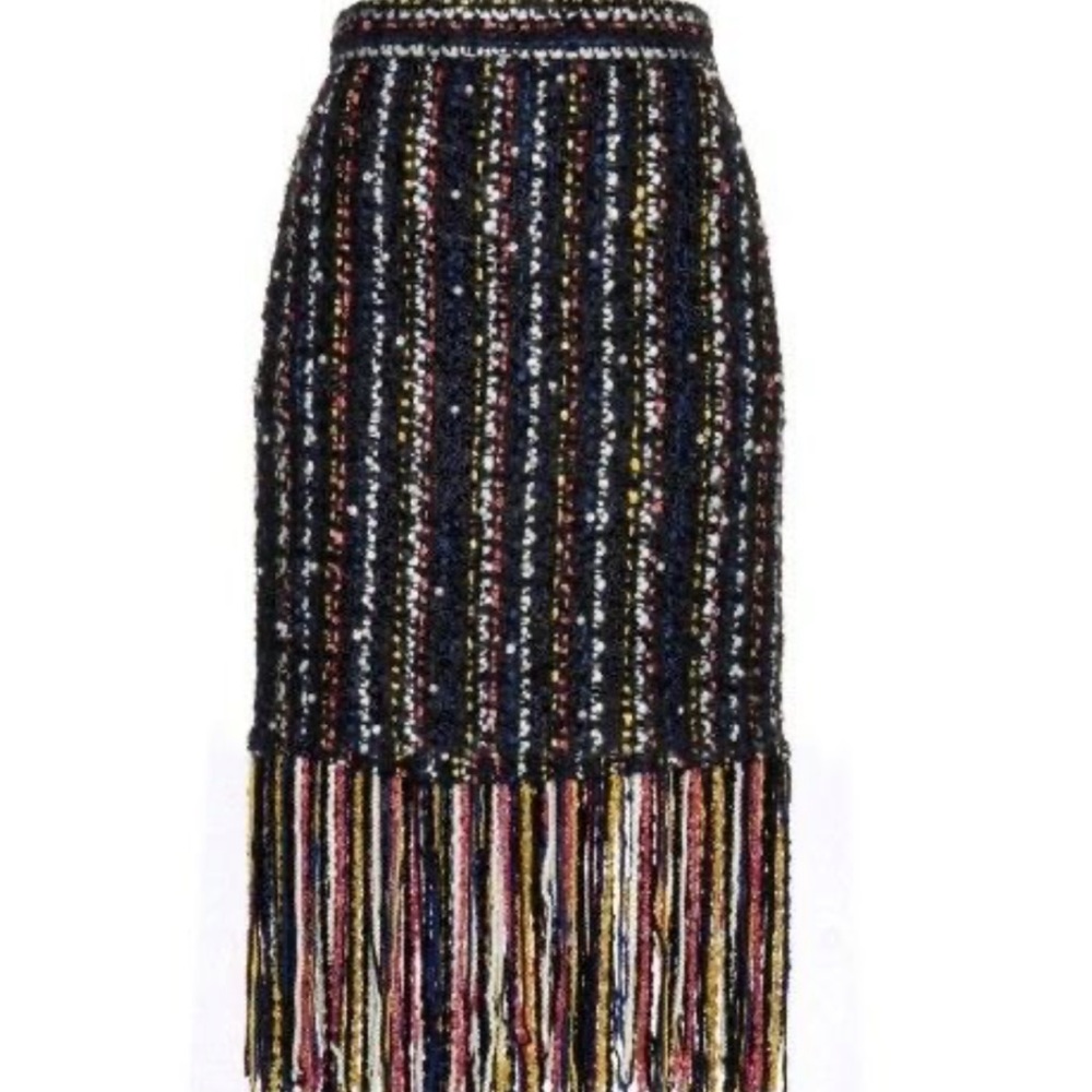 MSGM Pearl Embellished Tweed Skirt with Fringe